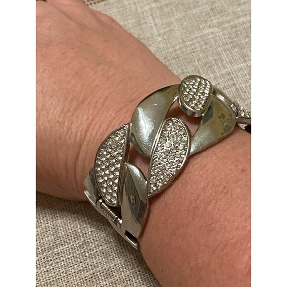Fixed Chain Link Clamper Bracelet Bangle Silver Tone Clear Rhinestones 7" - Picture 4 of 4